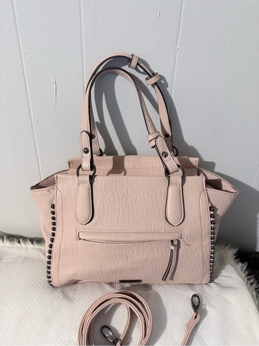 Jessica Simpson Blush Pink Pebbled Satchel with Black Stud Trim